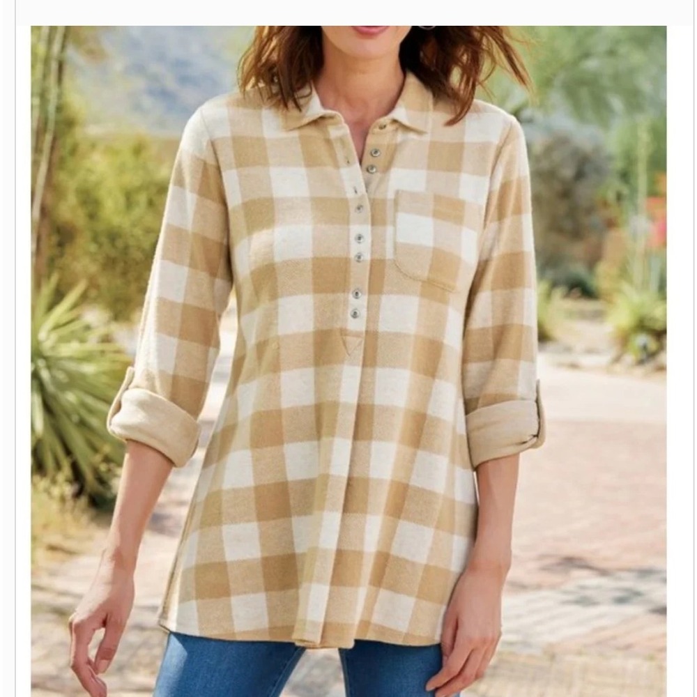 Soft Surrounding Coastal Buffalo Light Neutral Tan Mad About Plaid Tunic 2X Boho